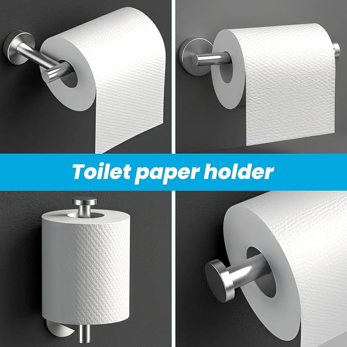5 Piece Bathroom Accessories Set, Bathroom Hardware Set, Wall Mounted Thickened 304 Stainless Steel Towel Holder Sets, Includes 16" Towel Rod+Toilet Paper Holder+3 Multifunctional Hooks