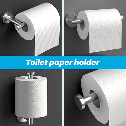 5 Piece Bathroom Accessories Set, Bathroom Hardware Set, Wall Mounted Thickened 304 Stainless Steel Towel Holder Sets, Includes 16" Towel Rod+Toilet Paper Holder+3 Multifunctional Hooks