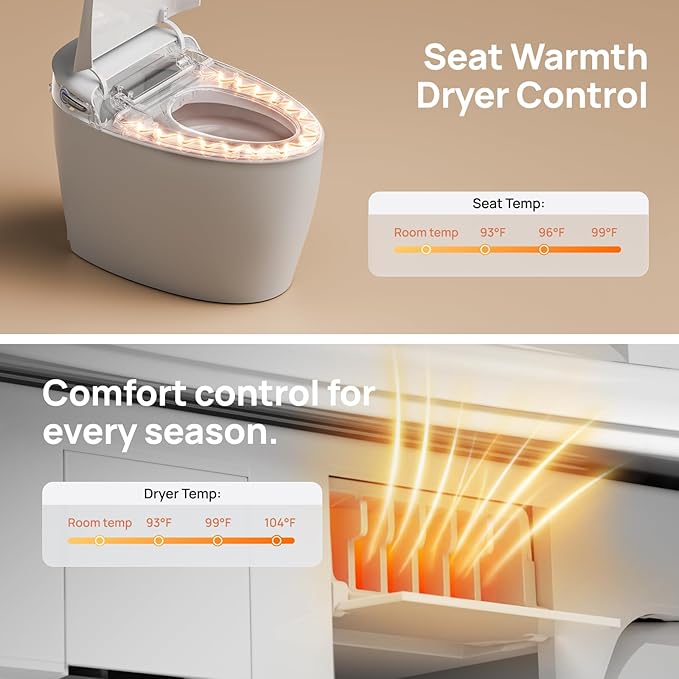 Smart Toilet with Bidet Built-in: Bidet Toilet with Washing Child Friendly Modes, Toilet Bidet with Heated Seat, One Piece Toilet with Warm Water, Dryer, Remote, Foot Sensor, Auto Flush Lid&Seat