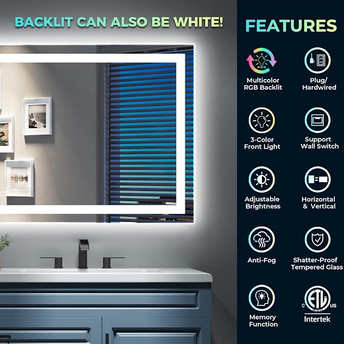 96x36 LED Bathroom Mirror with Lights, RGB Backlit Lighted Mirror | Backlit and Front Light, Anti-Fog, 3 Color Dimmable, Memory, Tempered Glass, IP54 Waterproof, UL Listed
