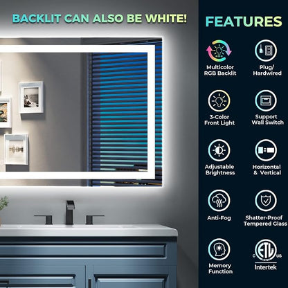 96x36 LED Bathroom Mirror with Lights, RGB Backlit Lighted Mirror | Backlit and Front Light, Anti-Fog, 3 Color Dimmable, Memory, Tempered Glass, IP54 Waterproof, UL Listed