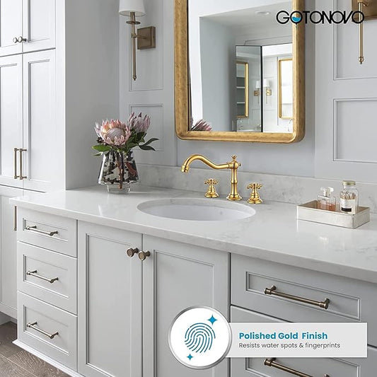 gotonovo 3 Hole Widespread Bathroom Sink Faucet Double Cross Handle Mixer Tap Faucet for Bathroom Sink Vanity Faucet Deck Mount Basin Hot Cold Water Matching Pop Up Drain Polished Gold