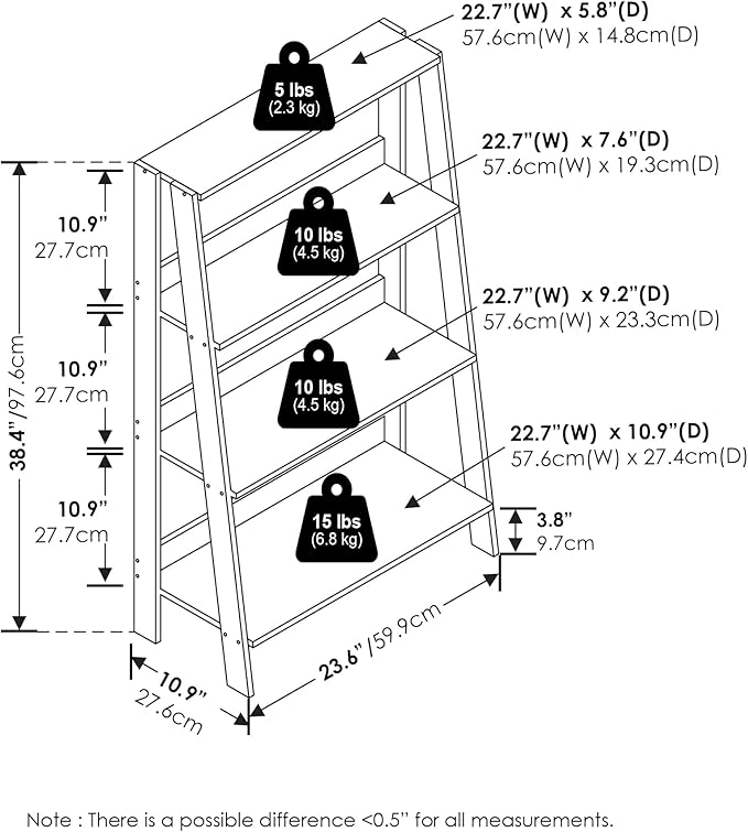 Furinno Ladder Book Shelf, 4-Tier Ladder Shelf with Open Shelving, Bookshelf, Display Storage Bookcase, for Organization, Living Room, Home Office, White