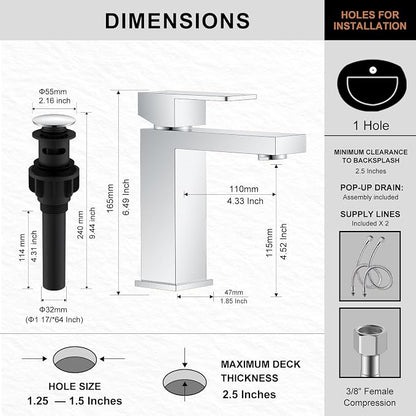 Chrome Bathroom Faucet Single Hole, Single Handle Vanity Sink Faucet | Bathroom Sink Faucet with Pop Up Drain & Supply Lines, Lead-Free cUPC & NSF Certified, 1 Handle Faucet for Vanity RV Restroom