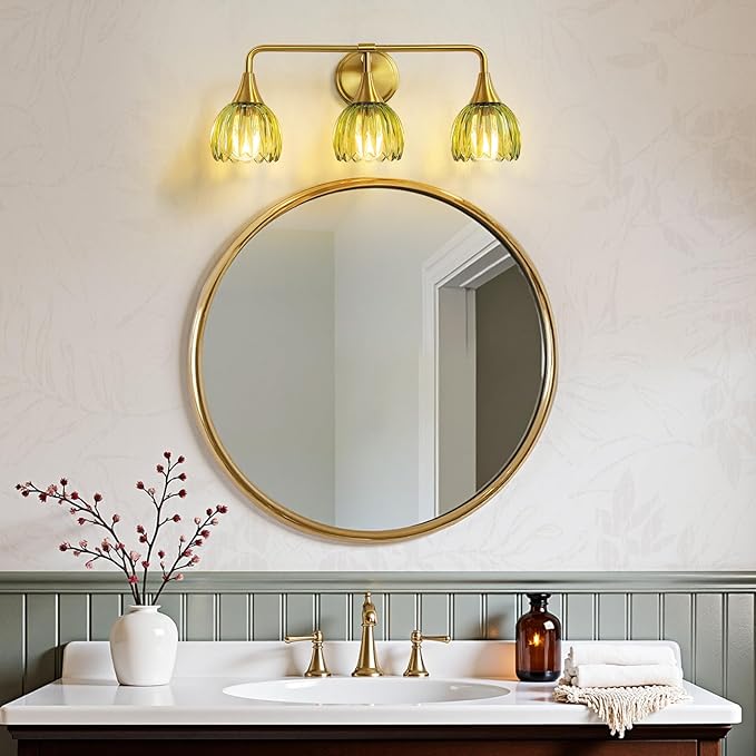 Bathroom Vanity Light Fixtures: 3-Lights Vintage Bathroom Lights Over Mirror with Ribbed Green Tulip Glass Shade - 22.4 inch Brushed Gold Wall Sconce Bath Lighting