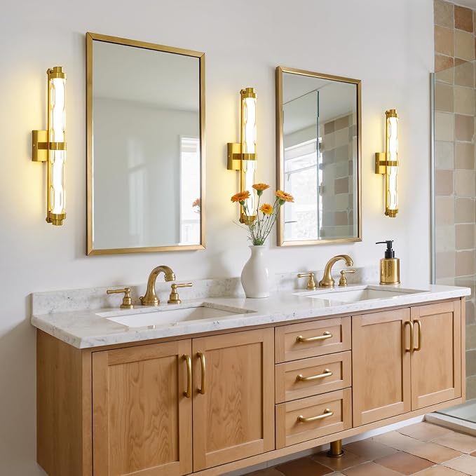 23.6" Gold Wall Sconce, Modern Vanity Light with Ripple Glass Shade, 5CCT Dimmable LED Bathroom Wall Lighting 20W for Mirror, Bedroom, Living Room, Hallway