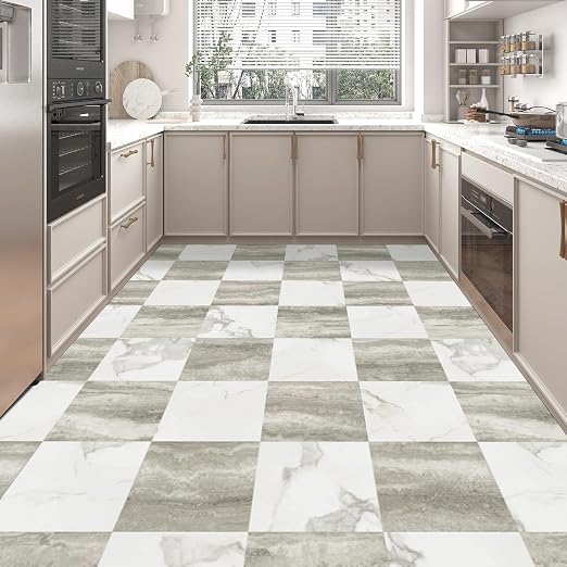 Art3d 30-Pack Peel and Stick Vinyl Floor Tiles, White & Beige Marble | 15 Tiles per Color, 12" x 12" Single Tile, Anti-Slip, Waterproof, Ideal for Kitchen, Bathroom, Living Room, Bedroom