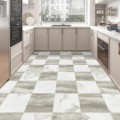 Art3d 30-Pack Peel and Stick Vinyl Floor Tiles, White & Beige Marble | 15 Tiles per Color, 12" x 12" Single Tile, Anti-Slip, Waterproof, Ideal for Kitchen, Bathroom, Living Room, Bedroom