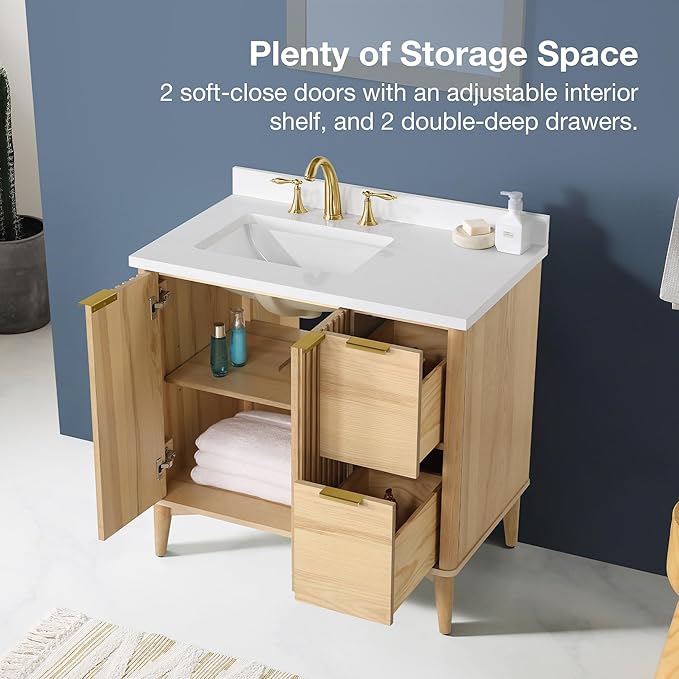 OVE Decors Indy 36 in. Undermount Single Sink Bathroom Vanity with White Engineered Marble Top, Rustic Ash
