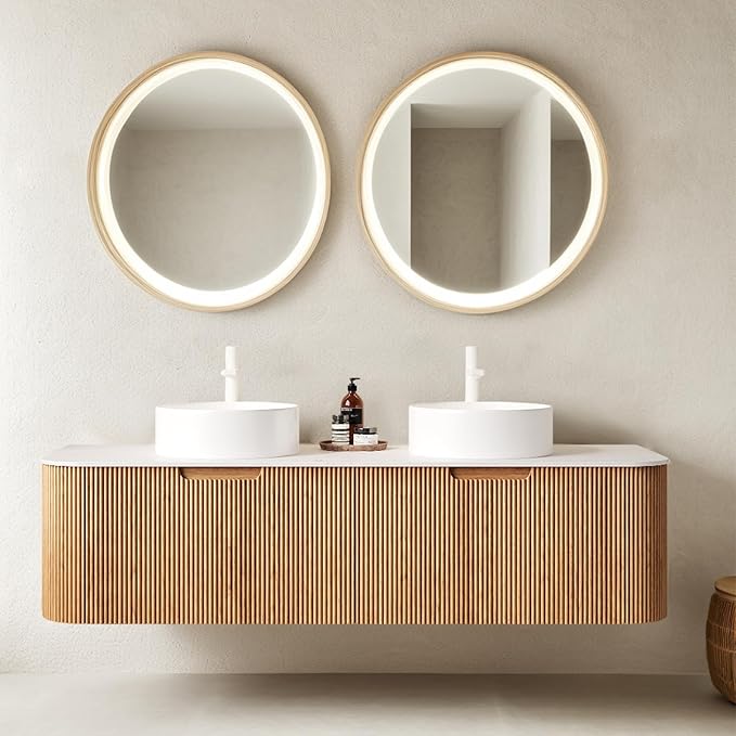 60" Bathroom Vanity with Double Sink, Floating Bathroom Vanities with Ultra-Thin Ceramic Basin and Marble Top, 2 Large Soft-Closing Storage Drawers, Pre-Assembled Cabinet, Nature Wood