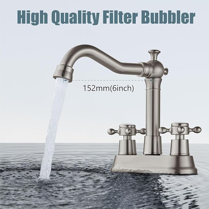 Aolemi 4 Inch Centerset Bathroom Sink Faucet Vintage 2 Cross Handle RV Mixer Tap Basin Vanity Lavatory Utility for Sink 3 Hole Include Hoses Pop Up Drain Faucet Handle with Label Brushed Nickel