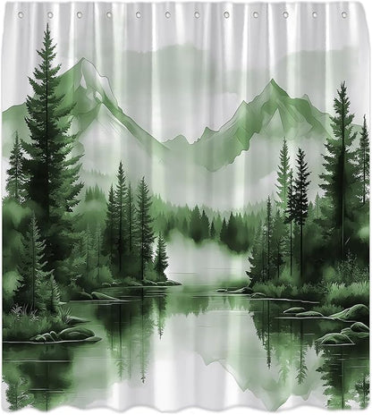 Sage Green Misty Forest Shower Curtain Mountain Foggy Pine Trees Landscape Watercolor Jungle Plant Rustic Nature Scenery Lake Fabric Bathroom Curtain Set with Hook