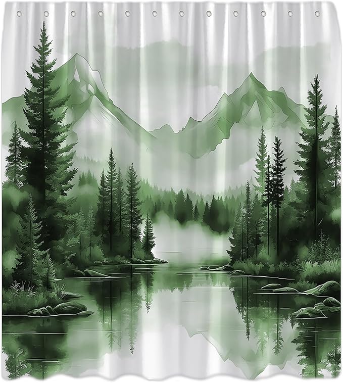 Sage Green Misty Forest Shower Curtain Mountain Foggy Pine Trees Landscape Watercolor Jungle Plant Rustic Nature Scenery Lake Fabric Bathroom Curtain Set with Hook