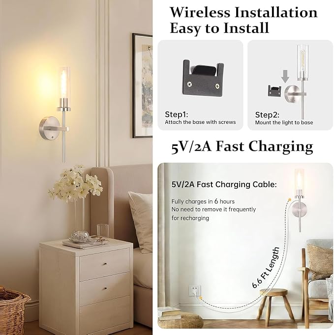 Shenmoyl Battery Operated Wall Sconces Set of 2, Nickel Rechargeable Wall Lighting Fixtures, Dimmable Wall Lights with Remote & Clear Glass Shade for Living Room, Bathroom,Bedroom
