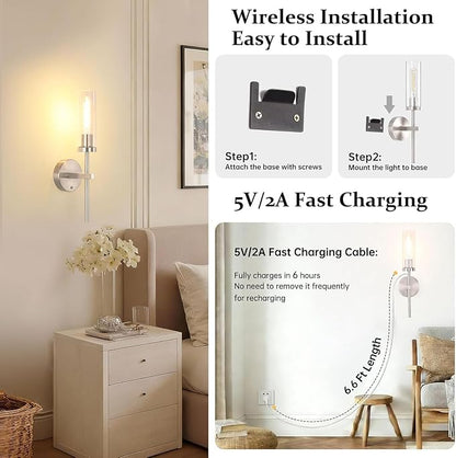Shenmoyl Battery Operated Wall Sconces Set of 2, Nickel Rechargeable Wall Lighting Fixtures, Dimmable Wall Lights with Remote & Clear Glass Shade for Living Room, Bathroom,Bedroom