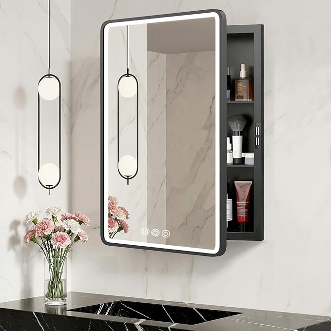 LED Medicine Cabinet Mirror for Bathroom 20x26 Inch, Recessed Medicine Cabinets with Lights, Anti-Fog Bathroom Mirror with Storage, Black Metal Frame, Adjustable Shelves, 3 Color Dimming