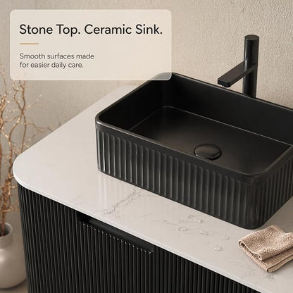 48 Inch Bathroom Vanity with Sink, Floating Wall Mounted Single Sink Vanity, Black Curved Fluted Front, Stone Top, Black Textured Rectangular Vessel Basin, Pre-Assembled