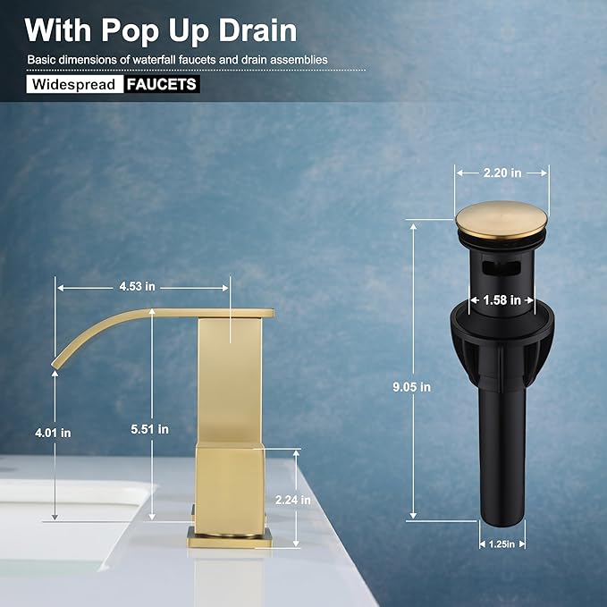 Bathroom Faucets 3 Hole, Brushed Gold 8 inch Widespread Bathroom Sink Faucet, Modern Square Metal 2 Handles Waterfall Bathroom Vanity Faucet 3 Hole with Pop Up Drain, Gold Faucets