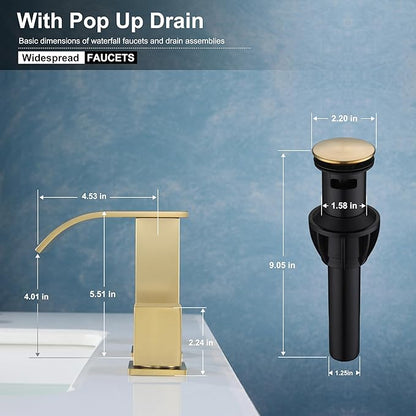 Bathroom Faucets 3 Hole, Brushed Gold 8 inch Widespread Bathroom Sink Faucet, Modern Square Metal 2 Handles Waterfall Bathroom Vanity Faucet 3 Hole with Pop Up Drain, Gold Faucets