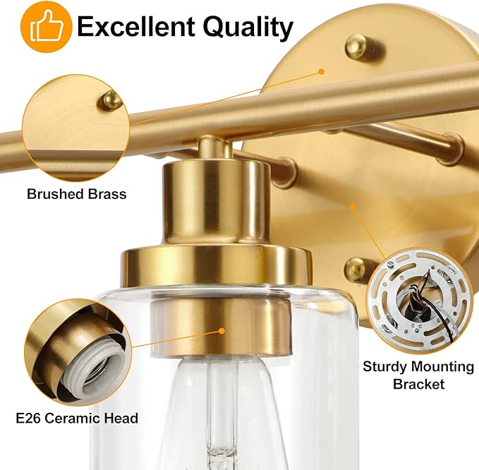 Bathroom Light Fixtures Gold Vanity Light 3 Light Wall Sconces Lighting Brushed Brass Lights with Clear Glass Shades Bath Wall Lamp for Mirror Kitchen