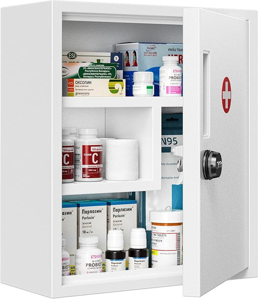 Wall Mount Locking Medicine Cabinet, Empty Metal Medicine Storage Box with All-Metal Digit Lock, Bathroom Cabinet Organizer Over the Toilet, Keyless First Aid Box for Home School Business