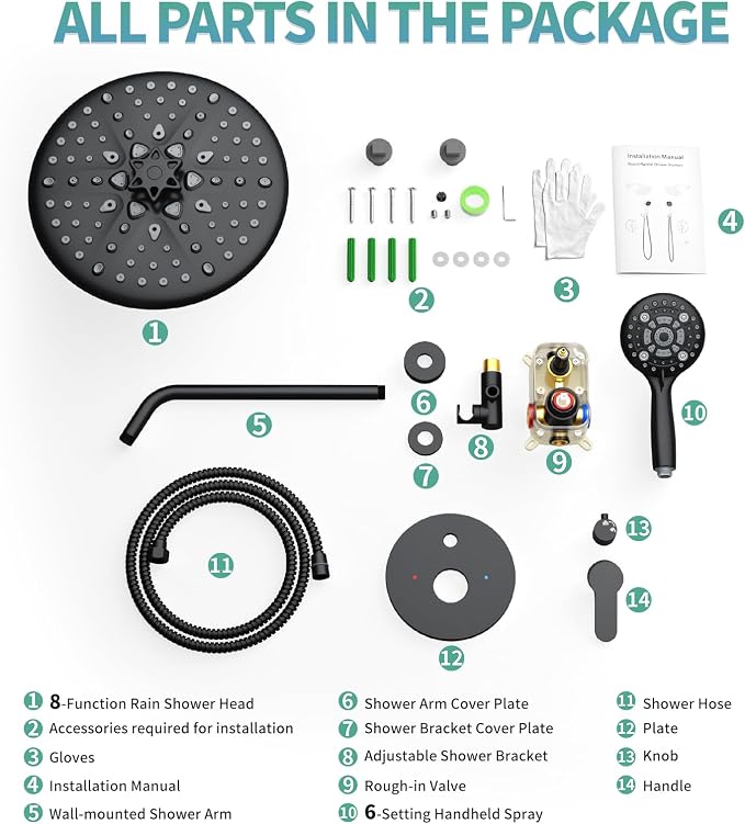 SR SUN RISE Shower Faucet - 10 Inch Multifunctional High Pressure Shower Head System with Handheld Shower Head Fixtures - Valve Included - Matte Black