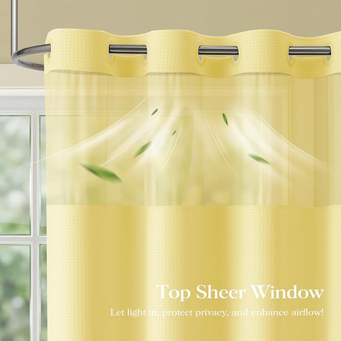 Yellow Hook Free Waffle Shower Curtain & Snap Fabric Liner,72x87 | Less Time to install, 3 in 1 Fabric Shower Curtain and Liner Set with Magnets, Extra Long, Shower Curtains for Bathroom