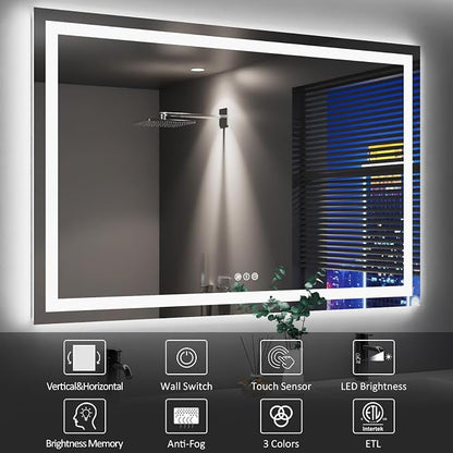 50"X36" LED Bathroom Mirror, Front and Backlight | Stepless Dimmable, Anti-Fog, Shatter-Proof, HD Reflection, Memory, 3 Colors Lighting, UL Listed (Horizontal/Vertical).