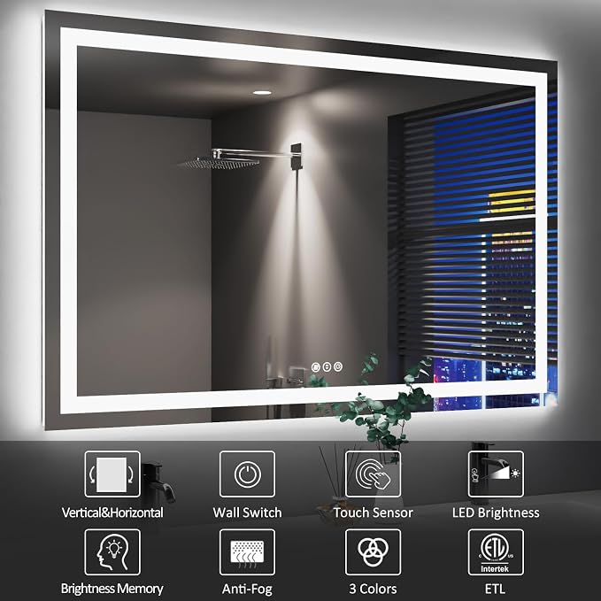 50"X32" LED Bathroom Mirror, Front and Backlight | Stepless Dimmable, Anti-Fog, Shatter-Proof, HD Reflection, Memory, 3 Colors Lighting, UL Listed (Horizontal/Vertical).