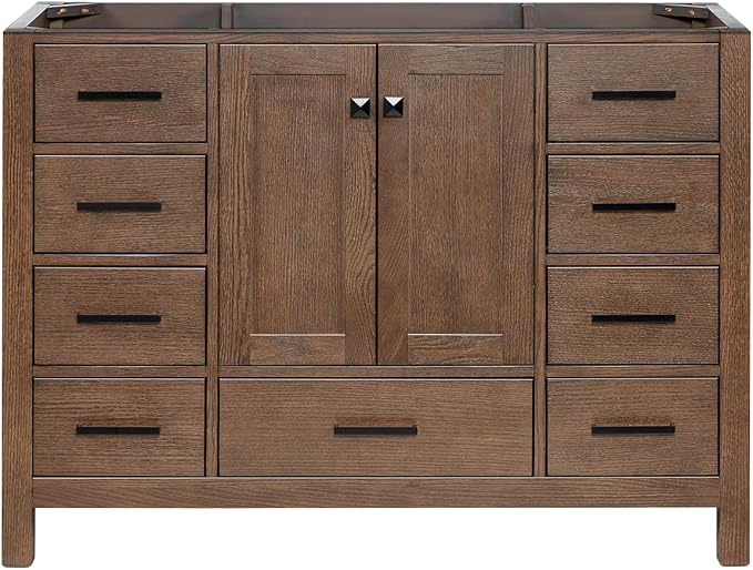 ARIEL Cambridge 48-inch Bathroom Vanity Base Cabinet,Solid Wood, 2 Soft Closing Doors, 9 Dovetail Drawers, Brown Oak