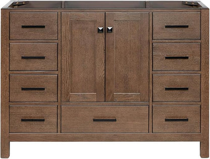 ARIEL Cambridge 48-inch Bathroom Vanity Base Cabinet,Solid Wood, 2 Soft Closing Doors, 9 Dovetail Drawers, Brown Oak