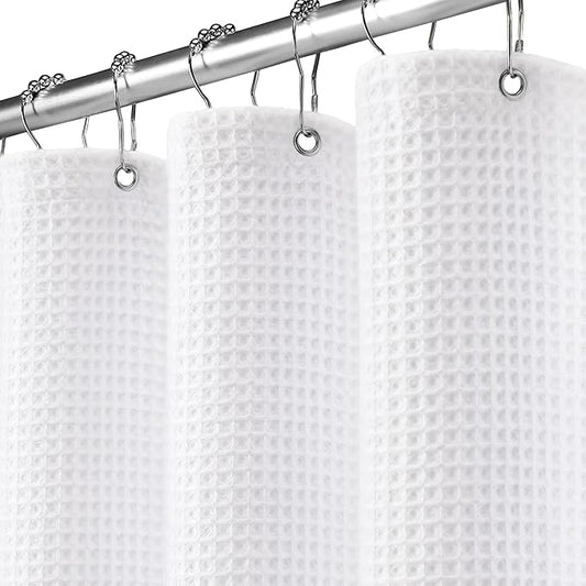 Long Waffle Shower Curtain - White Cotton Texture Fabric Heavyweight Shower Curtains for Bathroom,72Wx78L