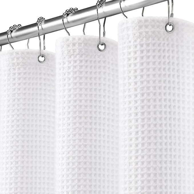 White Waffle Weave Shower Curtain Heavyweight Cotton Fabric 72Wx72L | Soft Cotton Cloth,3D Square Truely Waffle Washable, Hotel Luxury Spa, Shower Curtain Set for Bathroom 12 Plastic Hooks