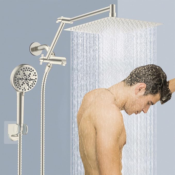 12" Metal Rain Shower Head with Handheld, High-Pressure Showerhead,10-Mode | Brushed Nickel, Rainfall Shower Head with 5" Large Handheld, Adjustable 16" Shower Extension Arm/71" Hose, 3-Way Diverter