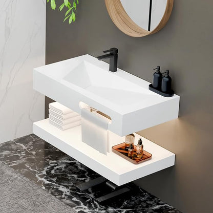 36"x19" Wall Mount Bathroom Vanity with LED Smart Sensor Light, Stone Resin Floating Vanity Sink Rectangular Vessel White Trough Art Basin with Shelf Layer