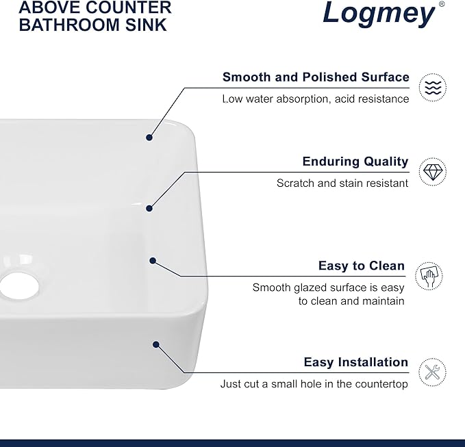 Logmey 16 Inch Drop in Bathroom Vessel Sink 16"x12" Rectangular White Porcelain Ceramic Sink Modern Above Counter Countertop Bathroom Vanity Sinks Art Basin