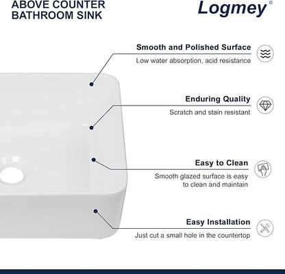 Logmey 16 Inch Drop in Bathroom Vessel Sink 16"x12" Rectangular White Porcelain Ceramic Sink Modern Above Counter Countertop Bathroom Vanity Sinks Art Basin