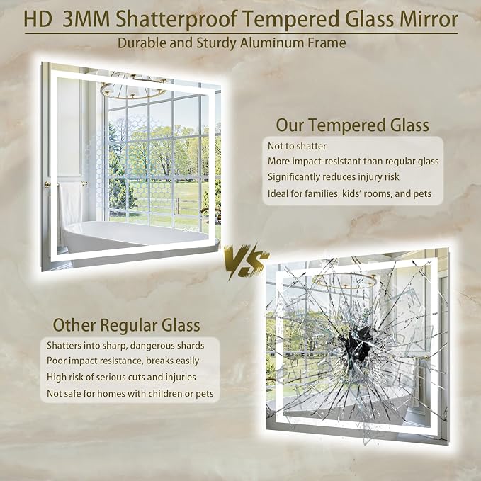 36"x36" LED Bathroom Mirror with Lights, Anti-Fog, Backlit+Frontlit | CRI 95, Stepless Dimmable, 3 Colors Lighting, Shatterproof Tempered Glass, HD Reflection, Memory, (Horizontal/Vertical)