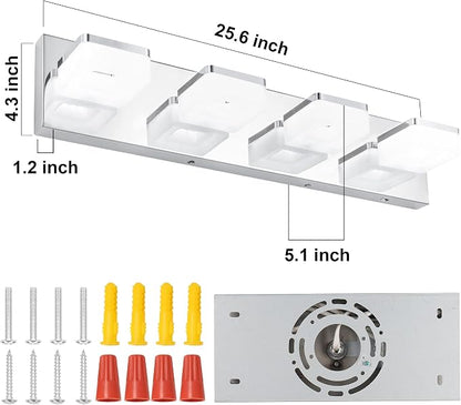 GOODATE 3 Colors Dimmable Vanity Lights for Bathroom, LED Chrome 4 Light Vanity Light, Acrylic Stainless Steel Bathroom Light Fixtures Over Mirror, Adjustable 3000K/4000K/6000K, 360° Rotate