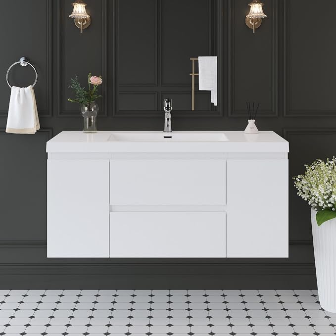 48 Inch Floating Bathroom Vanity with Sink, Large Storage Wall Mounted Floating Vanity with Soft Close Drawers, One-Piece Basin Bathroom Sink Cabinet (Glossy White, 48")