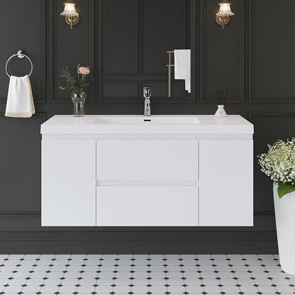 48 Inch Floating Bathroom Vanity with Sink, Large Storage Wall Mounted Floating Vanity with Soft Close Drawers, One-Piece Basin Bathroom Sink Cabinet (Glossy White, 48")