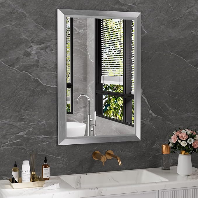 Bathroom Mirror for Wall, 24x36 Inch (Brushed Silver) | HD Reflection, Tempered Glass, Thick Metal Framed Rectangle Mirrors for Over Sink, Bedroom, Living Room, Entryway, Anti-Rust
