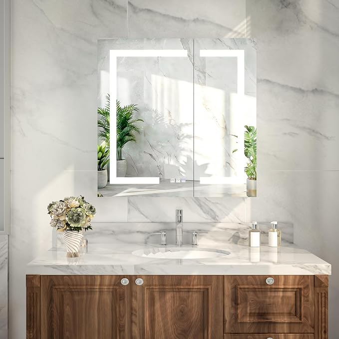 LED Bathroom Medicine Cabinet with Mirror, 30"x30" Anti-Fog Smart Mirror Cabinet, UPVC Waterproof Vanity Cabinet Recessed/Surface, Adjustable Shelves, 3-Color Dimmable, Motion Sensor, DTC Hinges