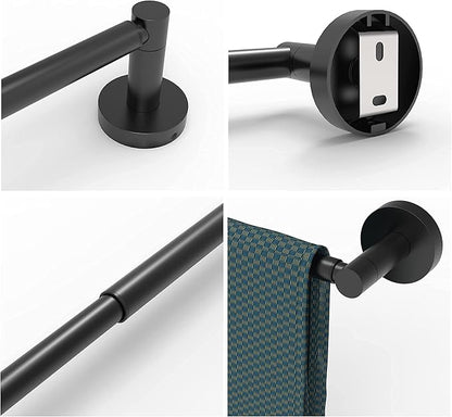 Ruacq Adjustable Towel Bar 13.7 to 24 Inch Bathroom Single Towel Bar Black Stainless Steel Modern Wall Mounted Round Towel Holders, Matte Black