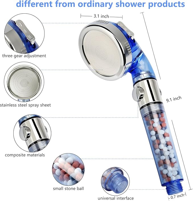 Jetting Shower Head, Modern Style, 3 Mode Shower Sprayer, High Pressure, Polished Finish, ABS Material, Mineral Stone Beads, 1 Spray Setting, 1.5" Diameter