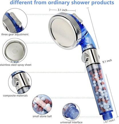 Jetting Shower Head, Modern Style, 3 Mode Shower Sprayer, High Pressure, Polished Finish, ABS Material, Mineral Stone Beads, 1 Spray Setting, 1.5" Diameter