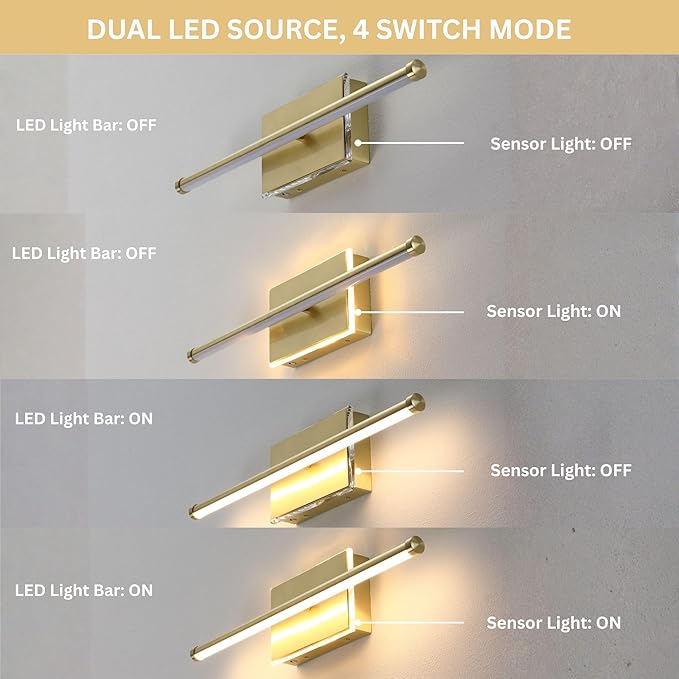 20-Inch Smart LED Vanity Light Bar | Dual Light Source (10W Main/3W Motion Sensor) | 4 Switch Modes (Incl. Night Light) | 3000K, 1040LM, CRI 90+, Dimmable, ETL(Brushed Gold)