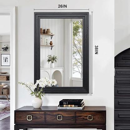 Farmhouse Rustic Wood Framed Bathroom Vanity Mirror for Wall, 26x38, Black | Recessed Stepped Solid Wood Frame, HD Shatterproof Glass, Vertical/Horizontal Mount, for Bathroom Sink, Living Room, Entryway