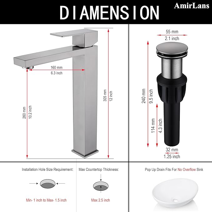 Brushed Nickel Vessel Sink Faucet, Tall Bathroom Faucet 1 Hole | Stainless Steel Single Hole Bathroom Sink Faucet, Tall Vanity Faucet with Pop Up Drain