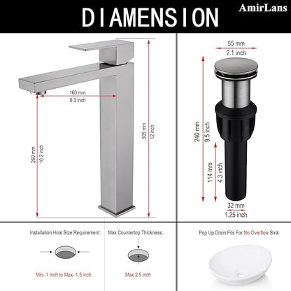 Brushed Nickel Vessel Sink Faucet, Tall Bathroom Faucet 1 Hole | Stainless Steel Single Hole Bathroom Sink Faucet, Tall Vanity Faucet with Pop Up Drain